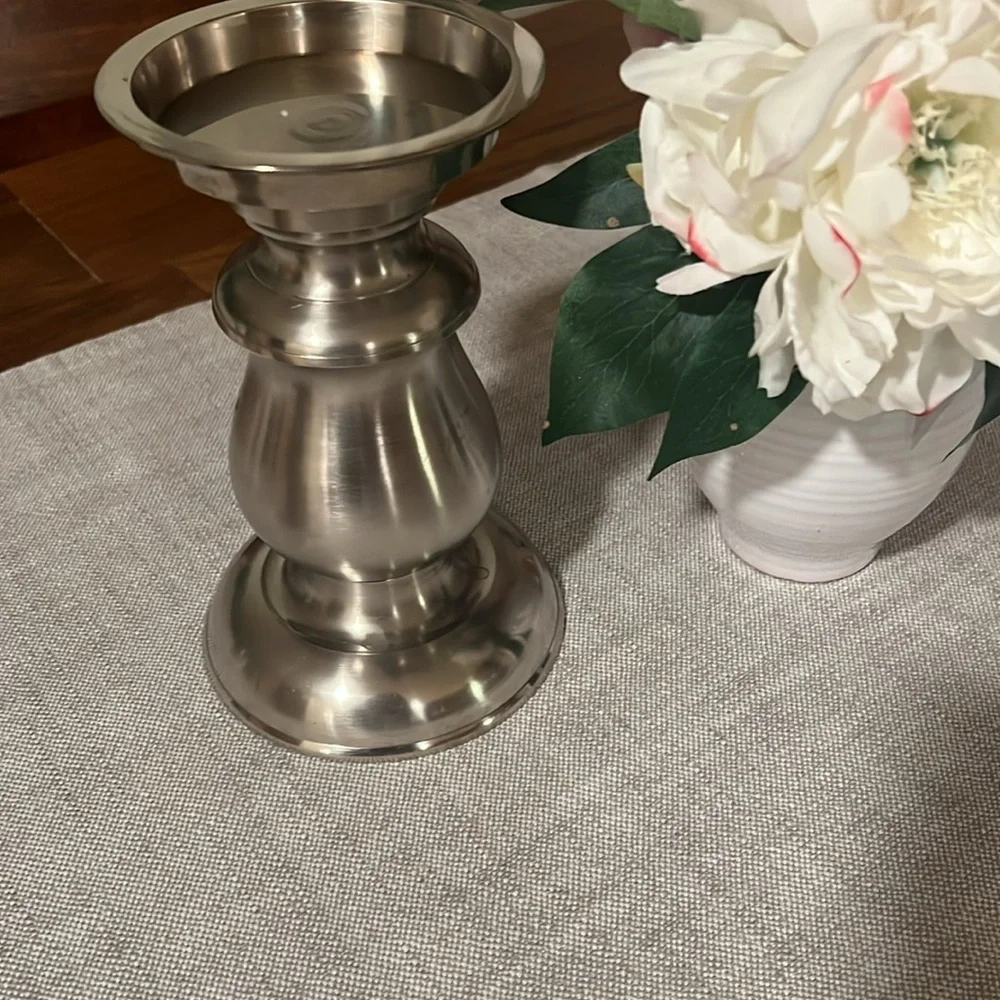 Restoration Hardware Silver Brushed Metal Pillar Candle Holder